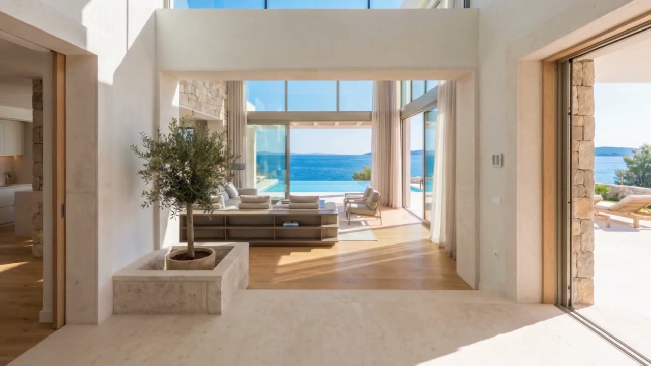 Cinematic flight around a modern house at dusk